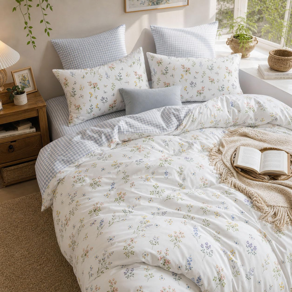 Gingham Duvet Cover 3 Pieces Colourful Floral Bedding Set