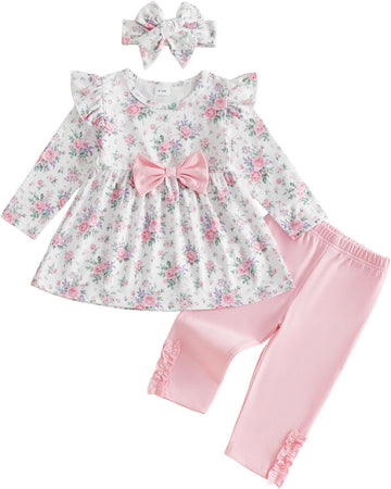 Toddler Baby Girl Fall Outfit Tunic Long Sleeve Shirt Pants Headband Set