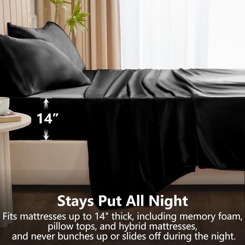 Satin Sheets Queen Bed Set - Silky Soft Bedding Similar to Silk, 4 Piece Sheet Set for Hair and Skin, Deep Pocket