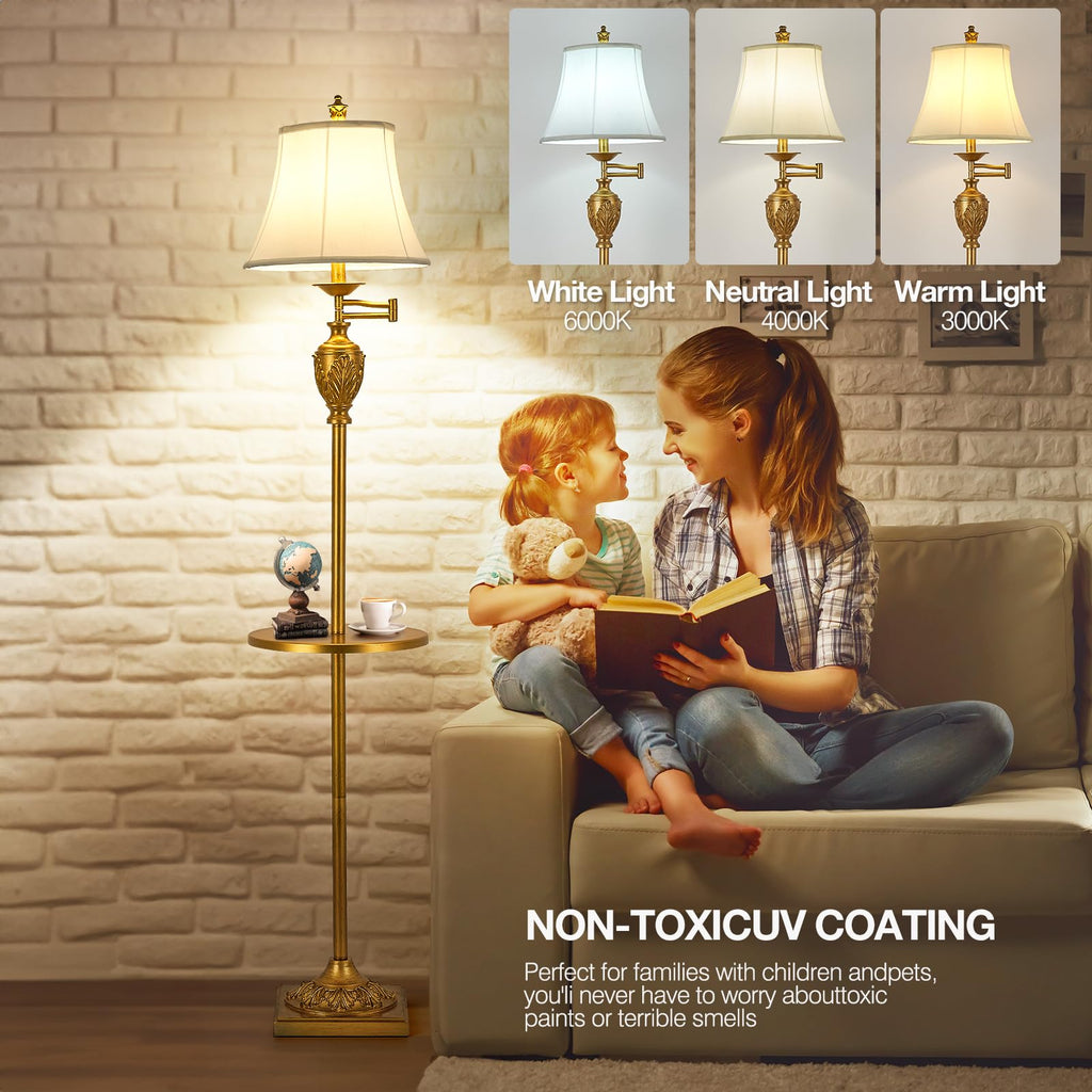 Traditional Floor Lamp with Tray, Remote Dimmable, 350° Swing Arm and Gold