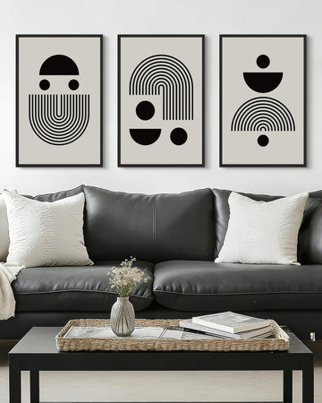 Large 16x24in Black Abstract Framed Wall Art Decor Solid and Spiral Semi-Circles Geometric Shapes Drawings Modern Art