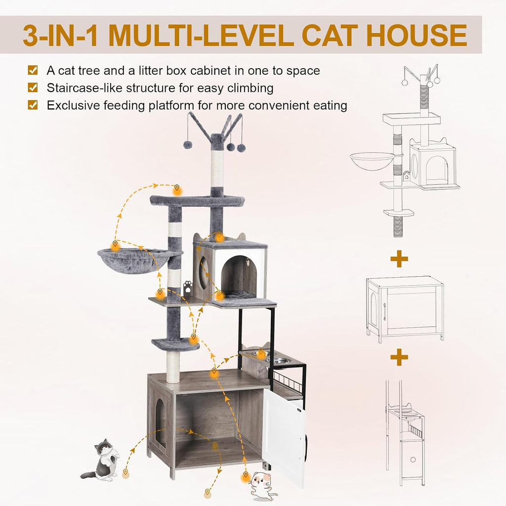 Cat Tree with Litter Box Enclosure, 3-in-1 Modern Cat Tower for Indoor Cats, 67.32'' Hidden Cat Litter Box Furniture