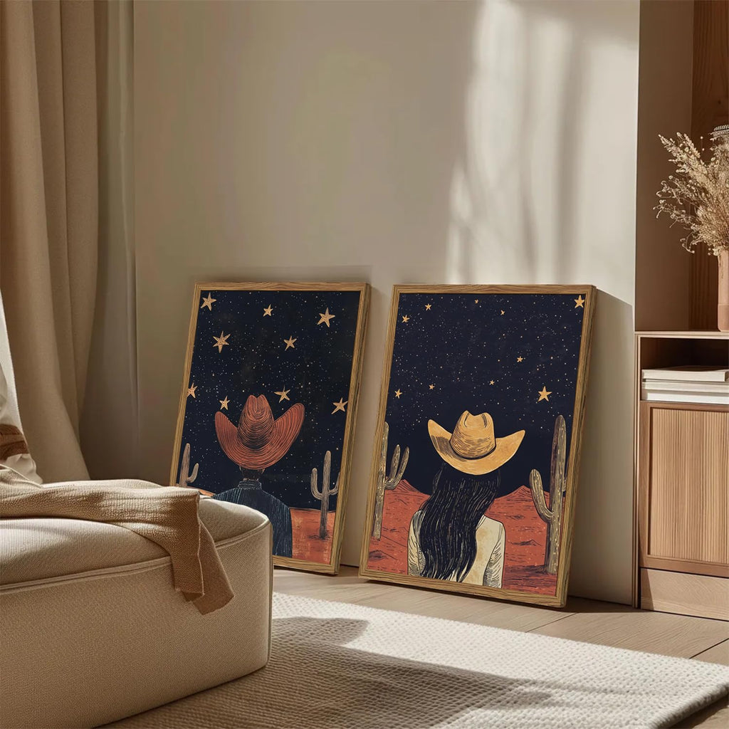Framed Boho Western Cowboy and Cowgirl Wall Art Set of 2, Vintage Southwestern Desert Starry Sky Cactus Pictures Wall