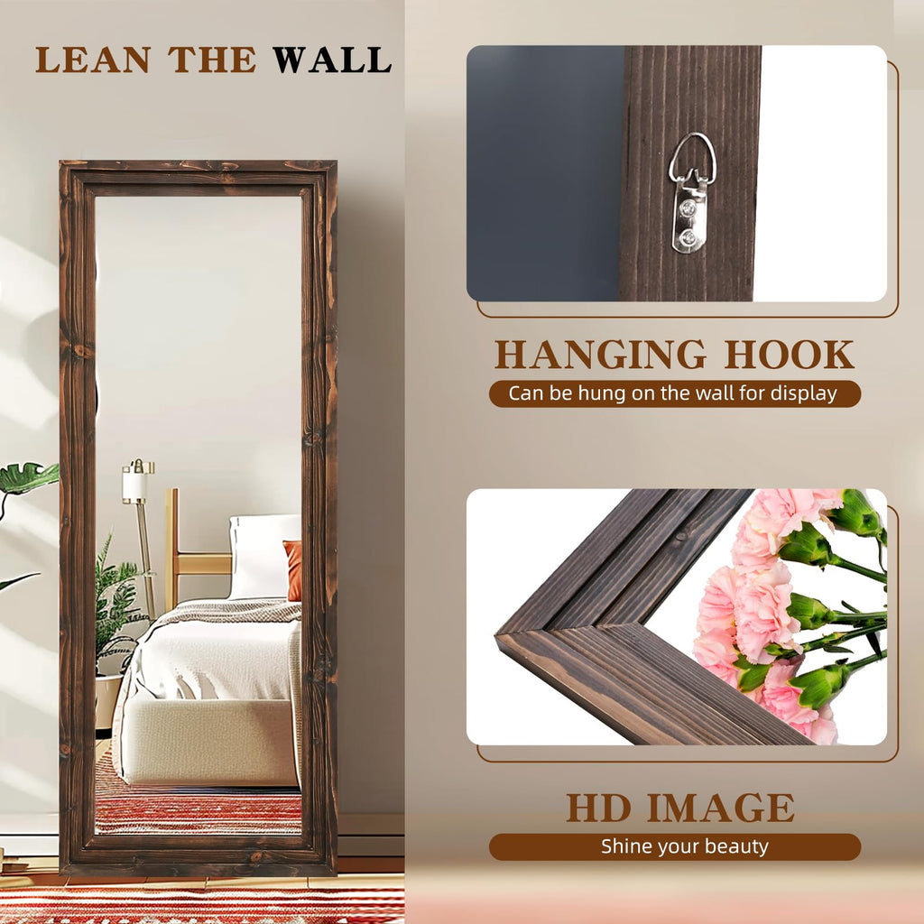 58x22in Full Length Mirror, 3-Tier Stepped Solid Wood Frame, Brown