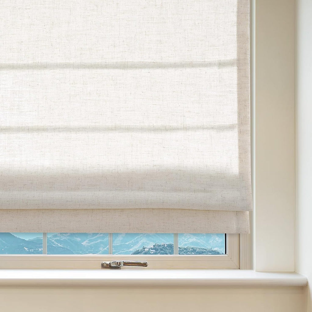 Cordless Linen Roman Shades, Natural Custom Fabric Room Darkening Roman Window Shades Blinds for Doors, French Doors
