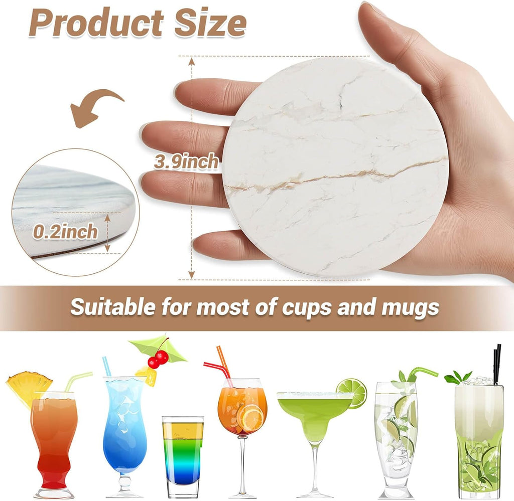 Drink Coasters with Holder for Coffee Table, Absorbent Coasters, Marble Style Ceramic Coaster for Wooden - Set of 6