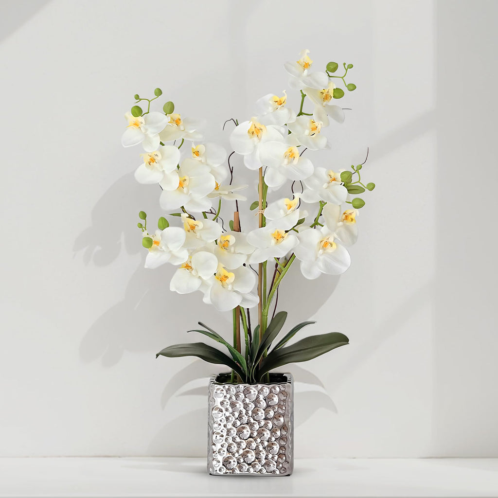 Orchid Artificial Flowers with Sliver Vase Large Silk Faux Phalaenopsis Flowers Table Floral Centerpieces Indoor
