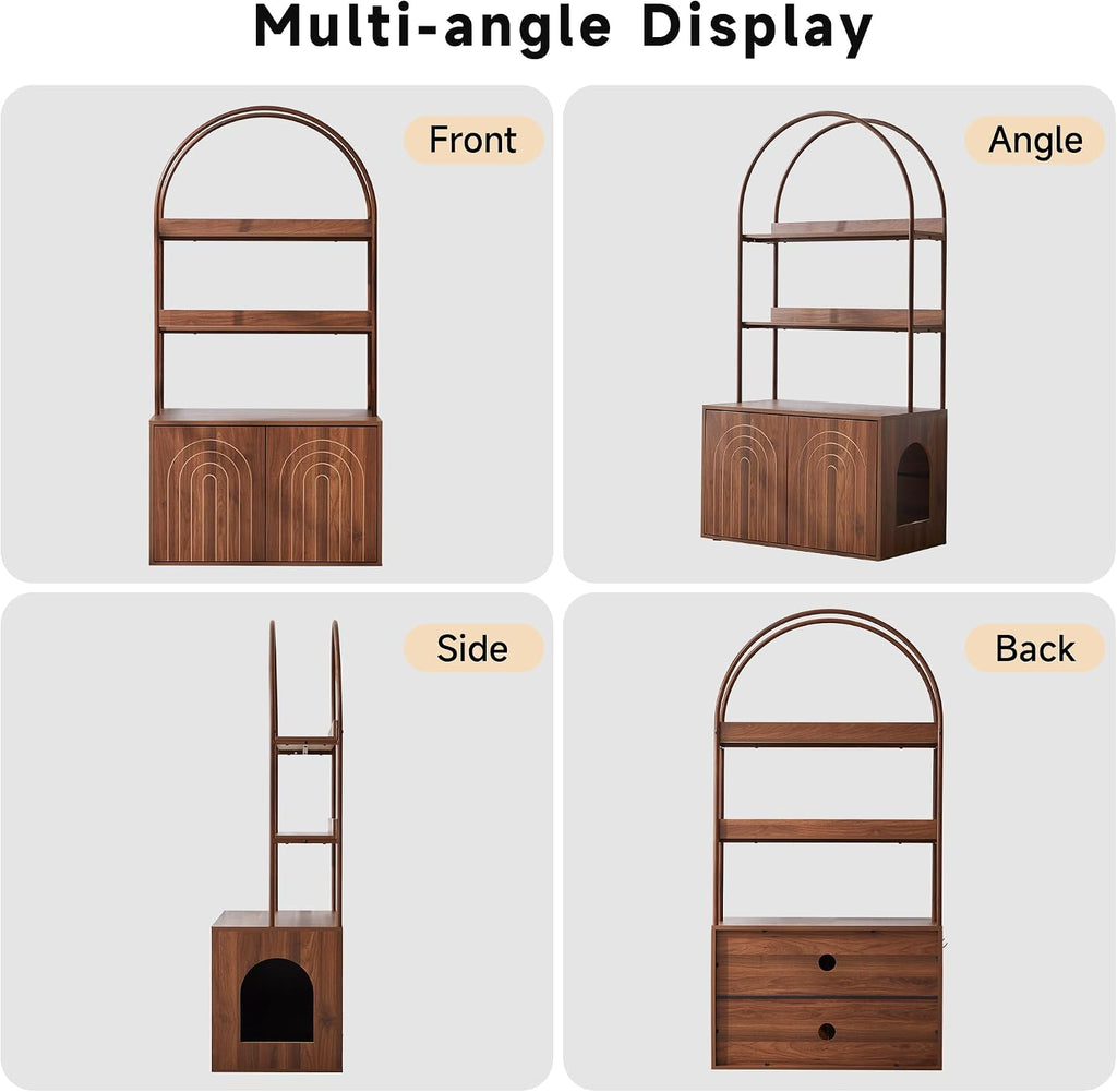 Arched Cat Litter Box Enclosure with 2-Tier Shelves, 63" Tall Hidden Litter Box Furniture with Reversible Entry, Wood
