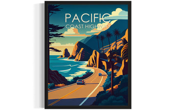 Pacific Coast Highway Black Framed Poster Print, Retro City Mountain and Lake Landscape Artwork, Wall Vintage Decor