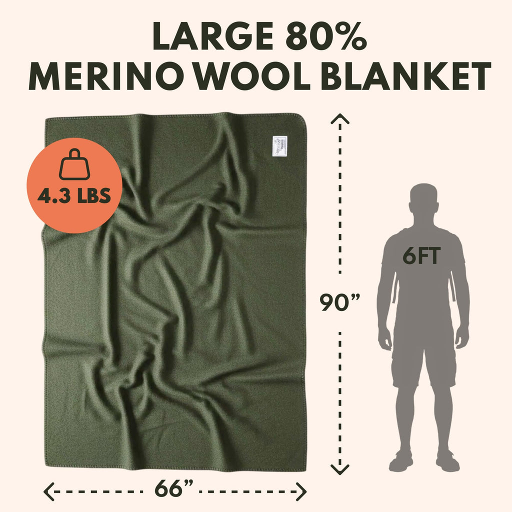 Mammoth Merino Wool Blanket, Fall Camping Blanket, 66"x90" Moss