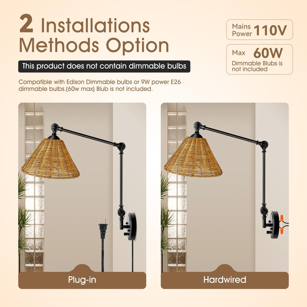 Rattan Plug in Wall Sconce Set, Plug in Cord and Dimmer