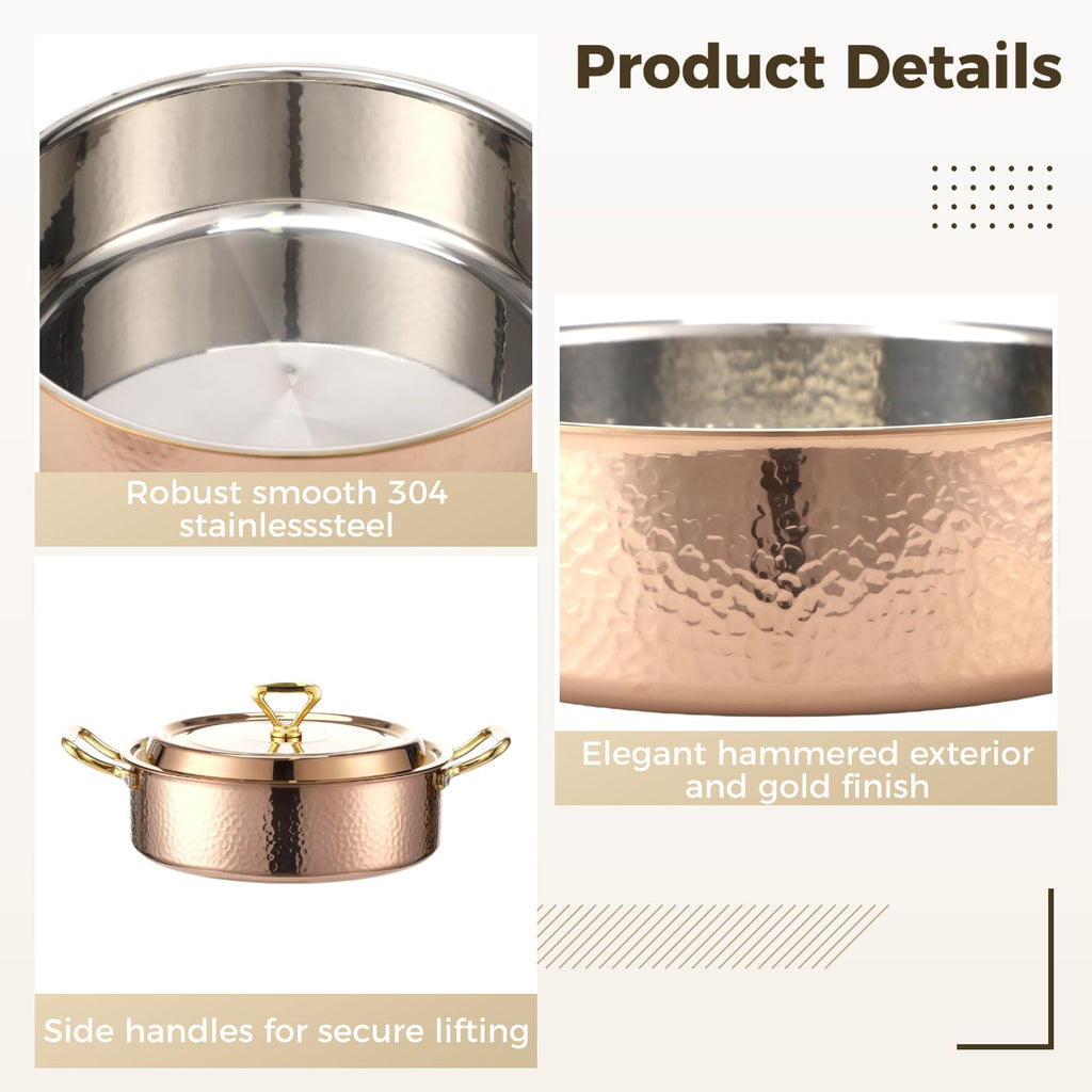 Hammered Copper Cookware with Lid, 10.2 in/4.2QT Rose Gold Stainless Steel Pot, Induction & Gas Compatible, Portable