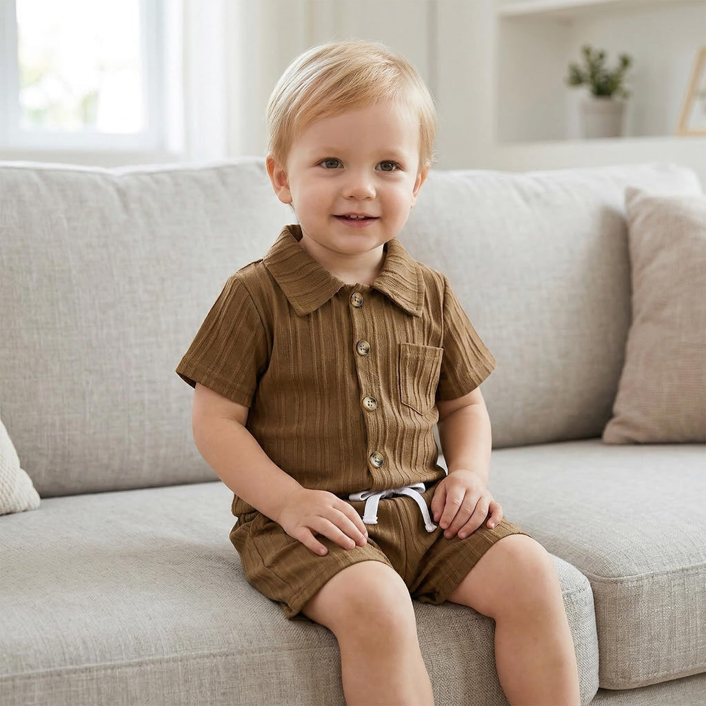Toddler Boy Clothes Ribbed Button Shirt + Shorts 2pcs L-Brown