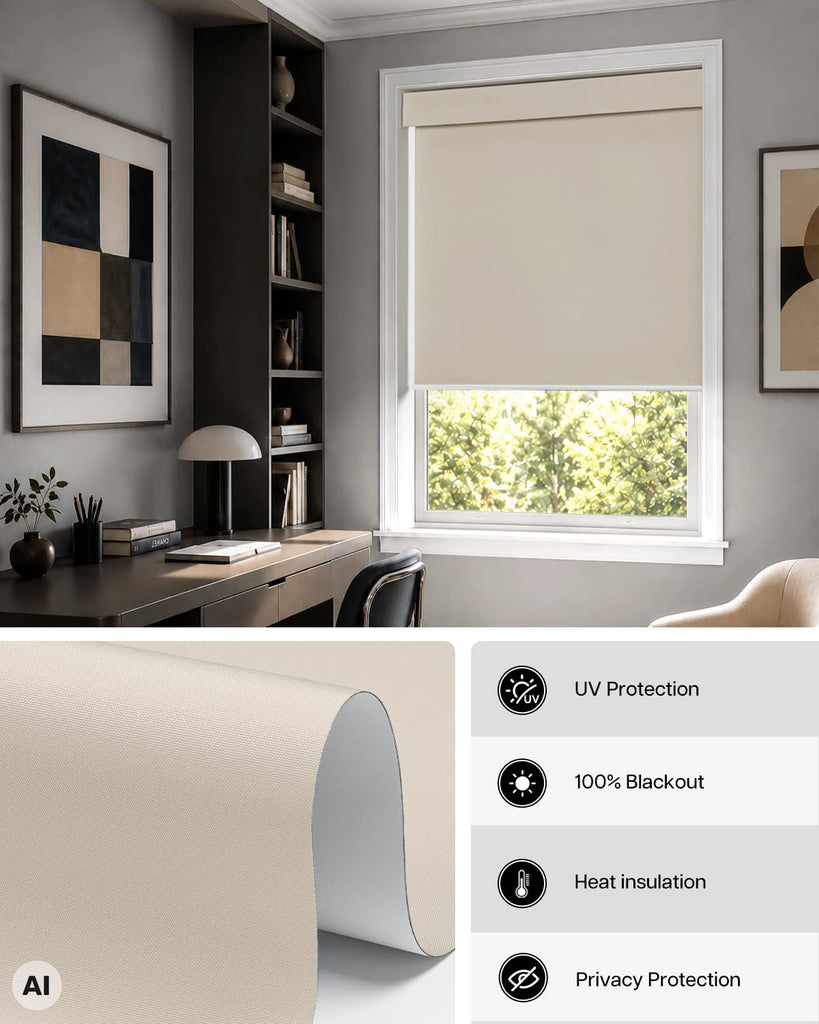 Motorized No Drill Blackout Roller Shades, Beige
