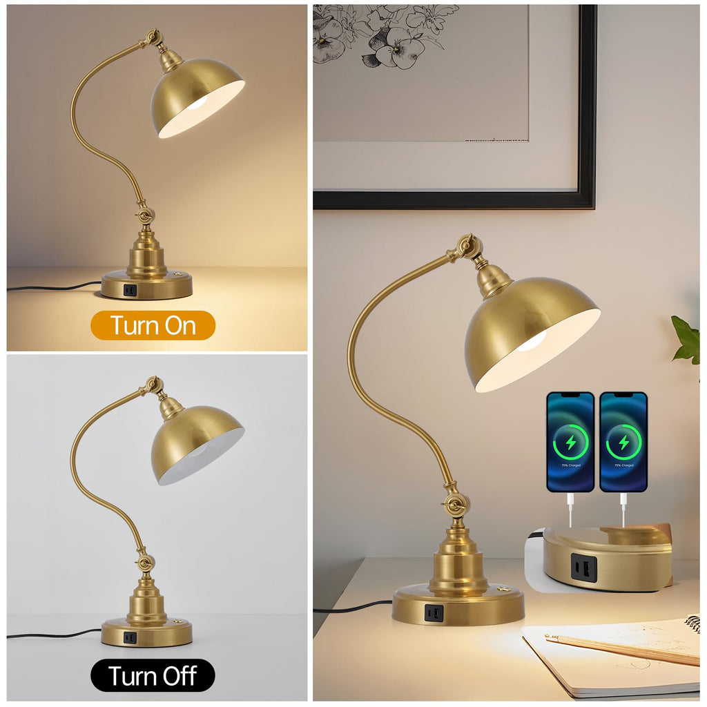Dimmable Touch Control Gold Desk Lamp with Swing Arm Charging Port