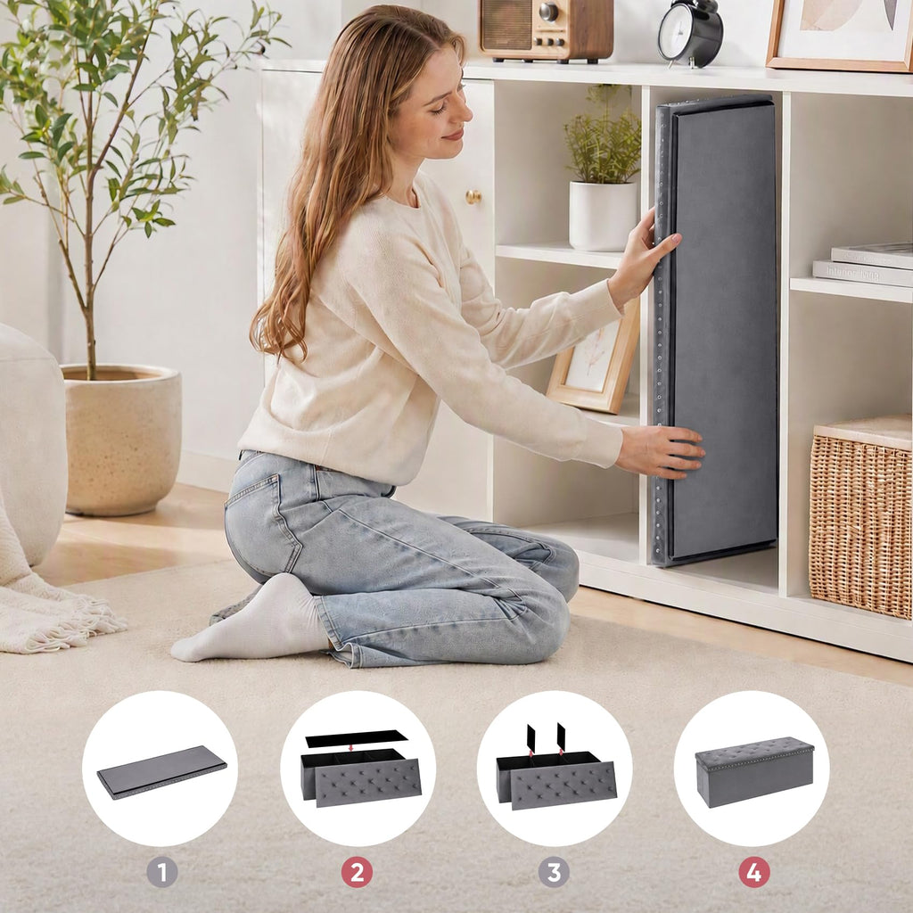43.7 Inches Velvet Storage Ottoman Bench, Grey