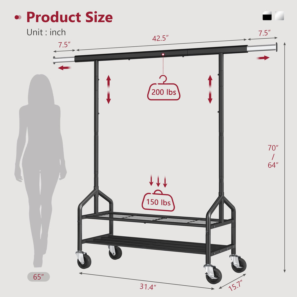 Clothing Rack with 2 Shelves, Heavy Duty Load 350 LBS, Black