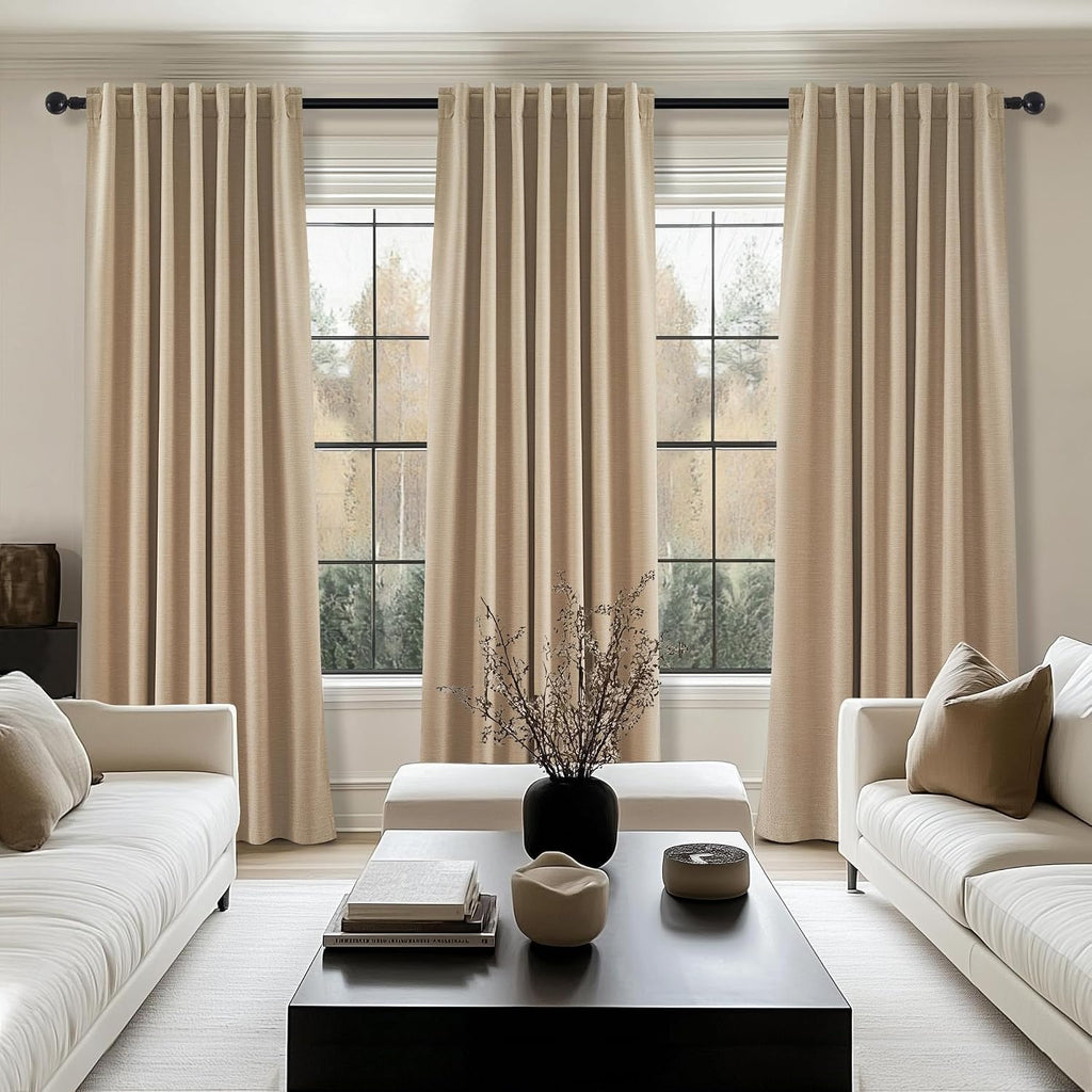 Light Taupe Blackout Textured 90 Inch Long Linen Blend Curtain Draperies Pinch Pleat Back Tab with Hooks Energy