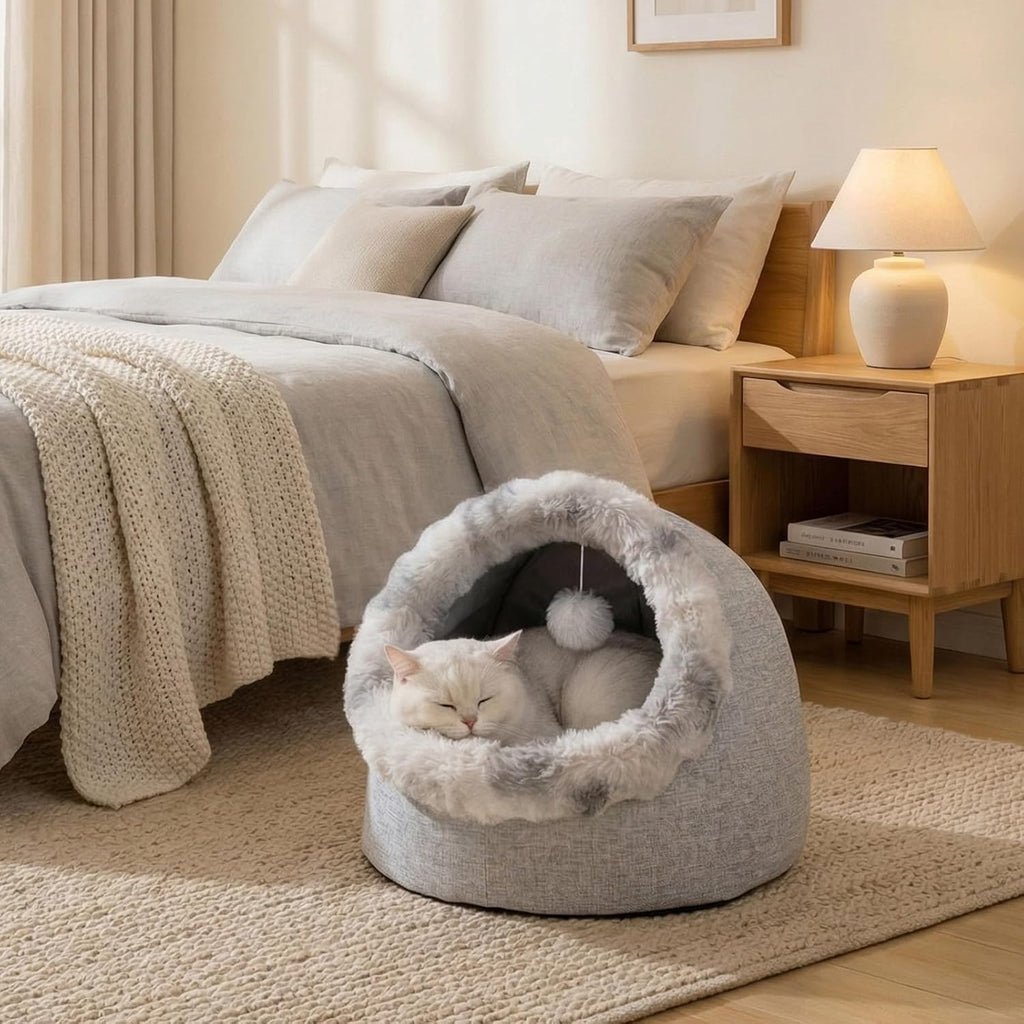 Cat Bed Cave for Indoor Cats, Semi-Enclosed with Washable Cushion