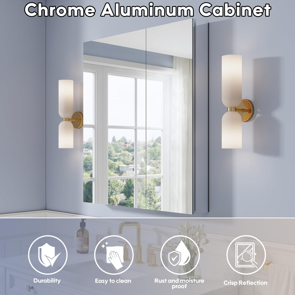 32" x 36" Bathroom Medicine Cabinet with Mirror, Anodized Chrome Aluminum Frame, Surface Mount or Recessed Medicine