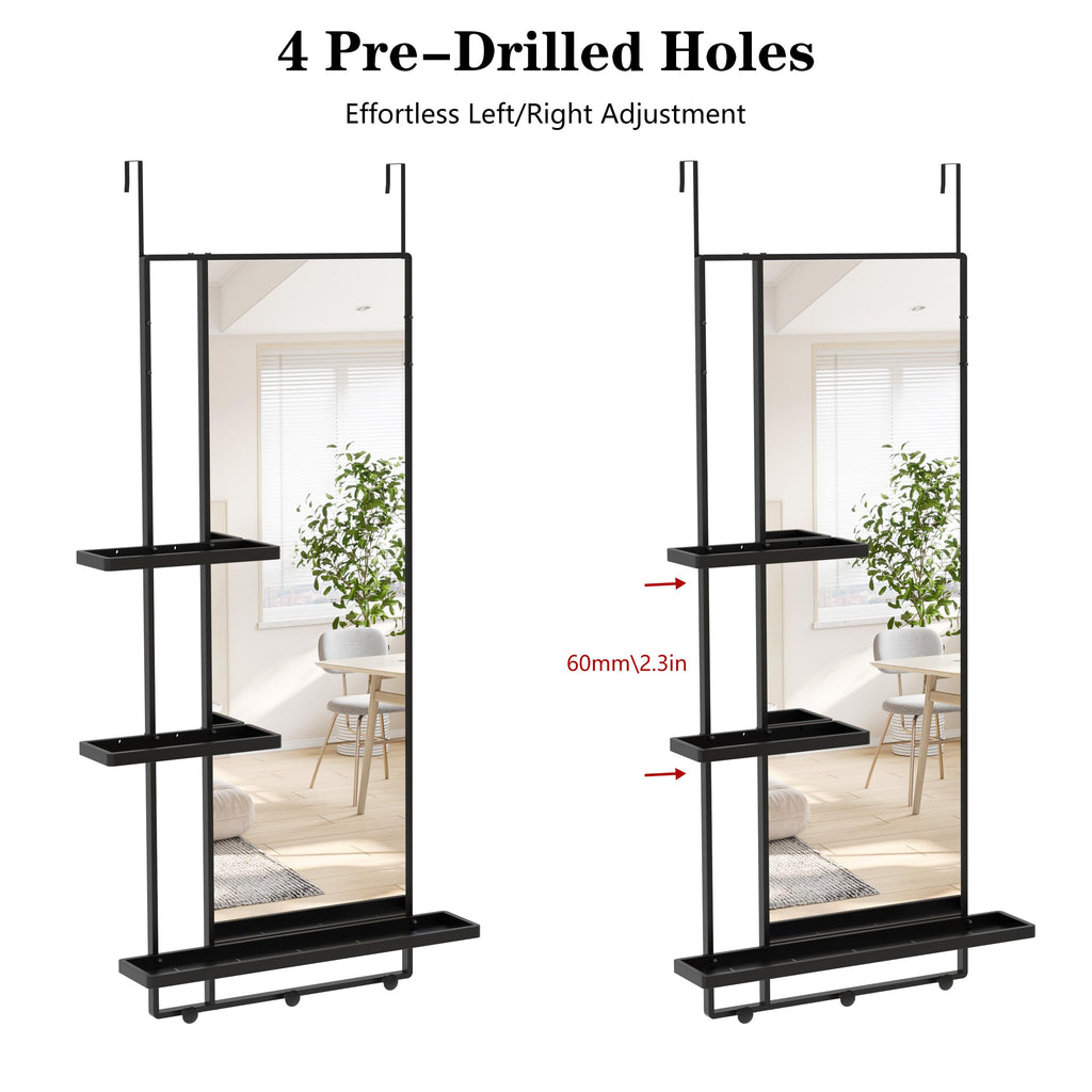 Over The Door Full Length Mirror with 3 Detachable Trays & 2 Hooks