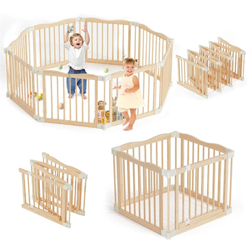 Foldable Wooden Playpen - Adjustable Wood Baby Play Yard with Child-Proof Lock, 12 Panels