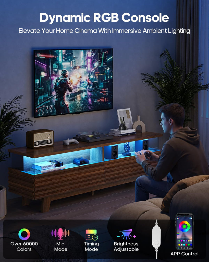TV Stand with Cable Management, LED, Power Station (Walnut, 59")