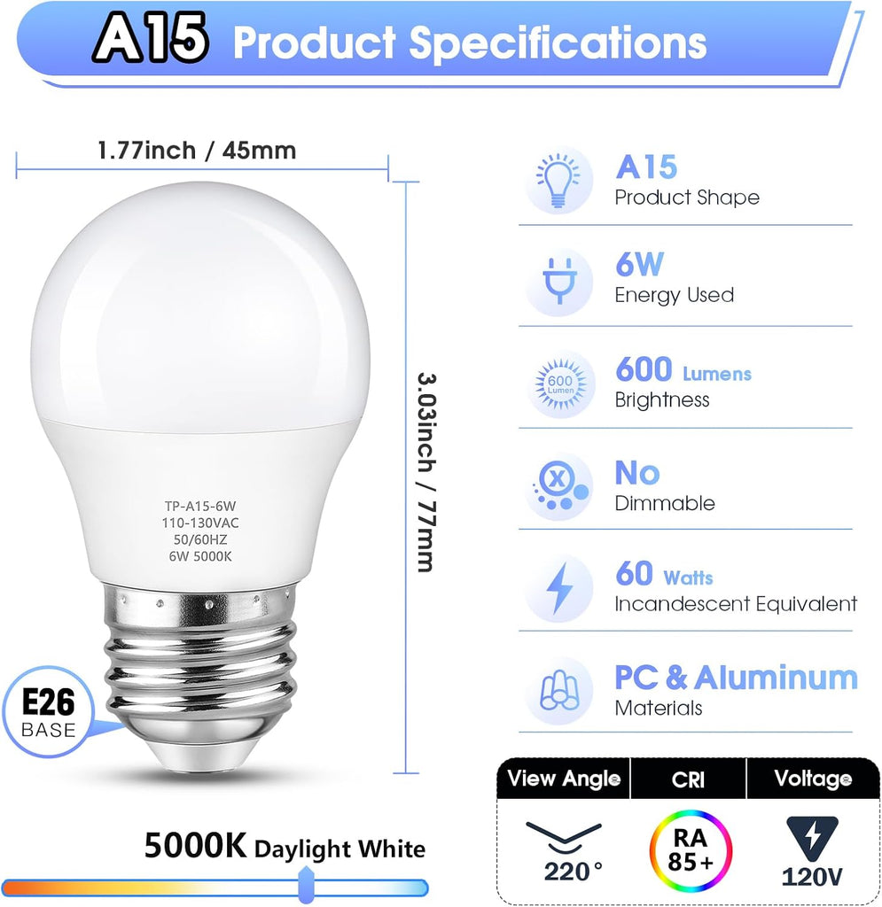 A15 LED Light Bulb, 60 Watt Equivalent LED Bulbs, Daylight White 5000K, 600LM, E26 Base, Non-Dimmable, 6W Bright