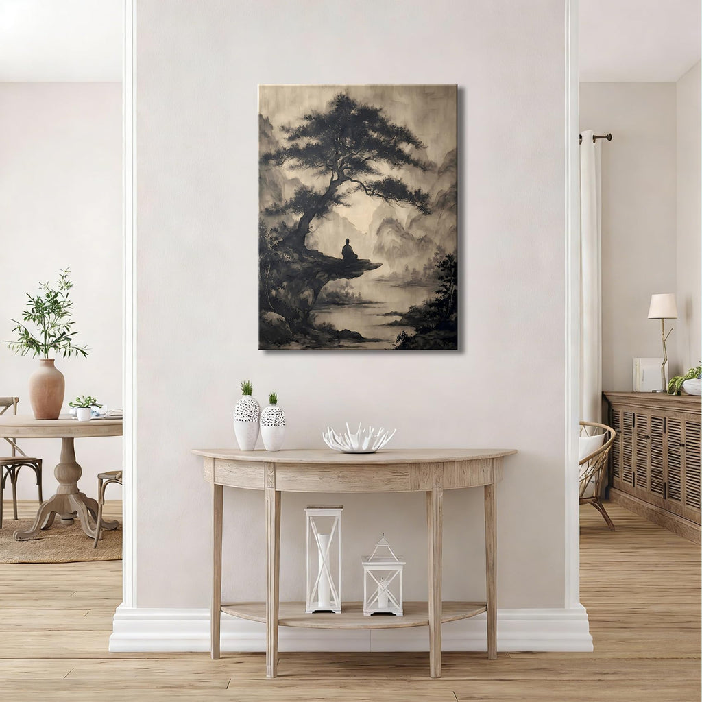 Framed Chinese Ink Meditation Monk Canvas Wall Art, Vintage Pine Mountain Landscape Canvas Prints Pictures, Zen wall