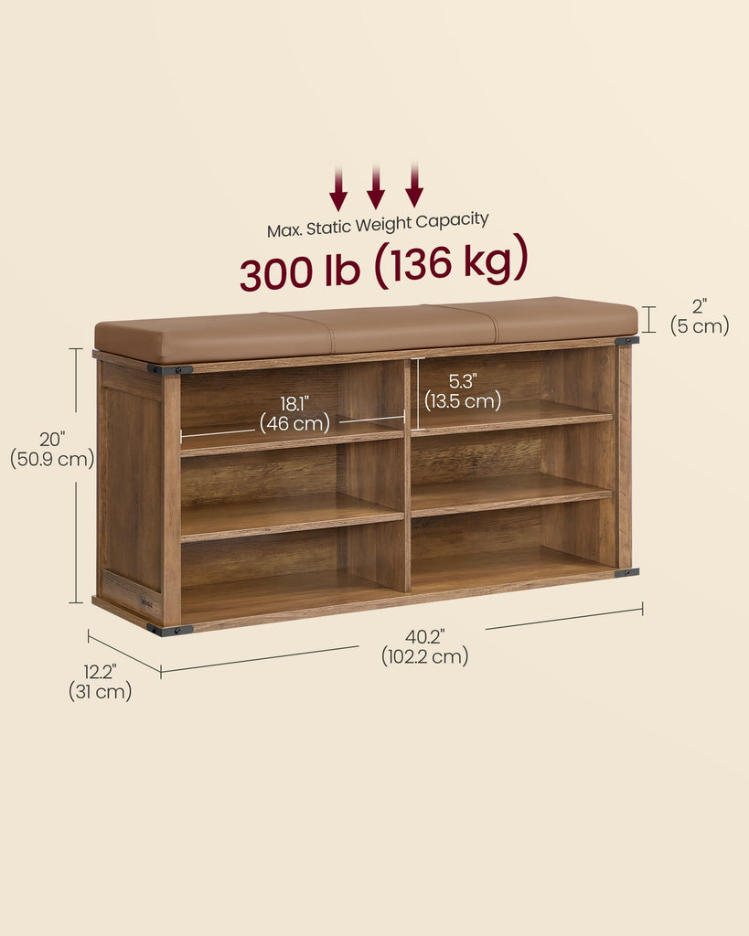 Shoe Storage Bench with Removable Cushion, Adjustable Shelves