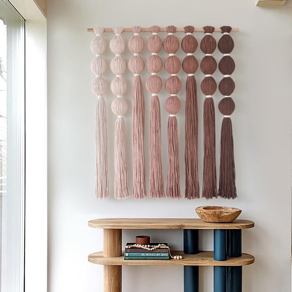 Macrame Wall Hanging Dip Dyed Red Yarn Balls Tassel Boho Decor 27"W*31"L