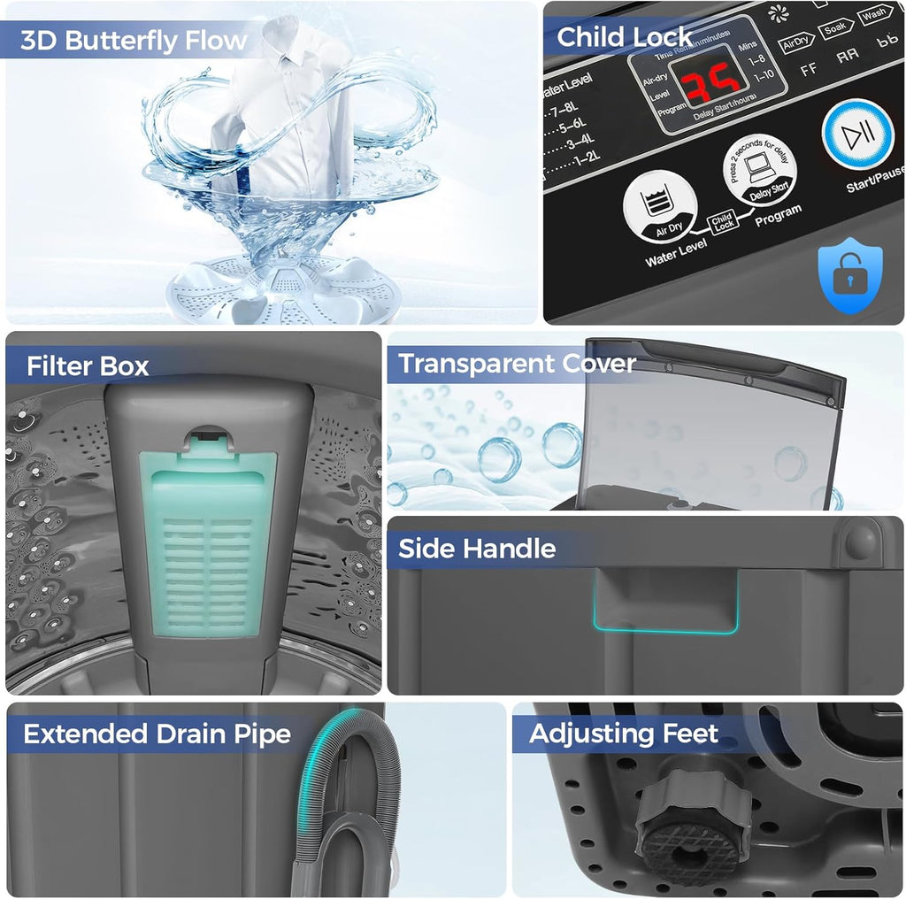 Portable Washing Machine 20Lbs Portable Washer with Drain Pump, 2.8 Cu.ft Compact Washer Machine with 10 Programs 8