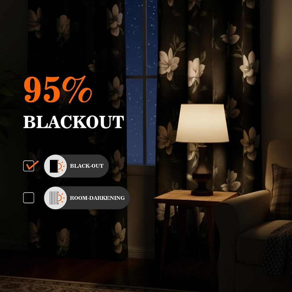 Floral 95% Blackout Curtains 84 Inch Length 2 Panels Light Grey