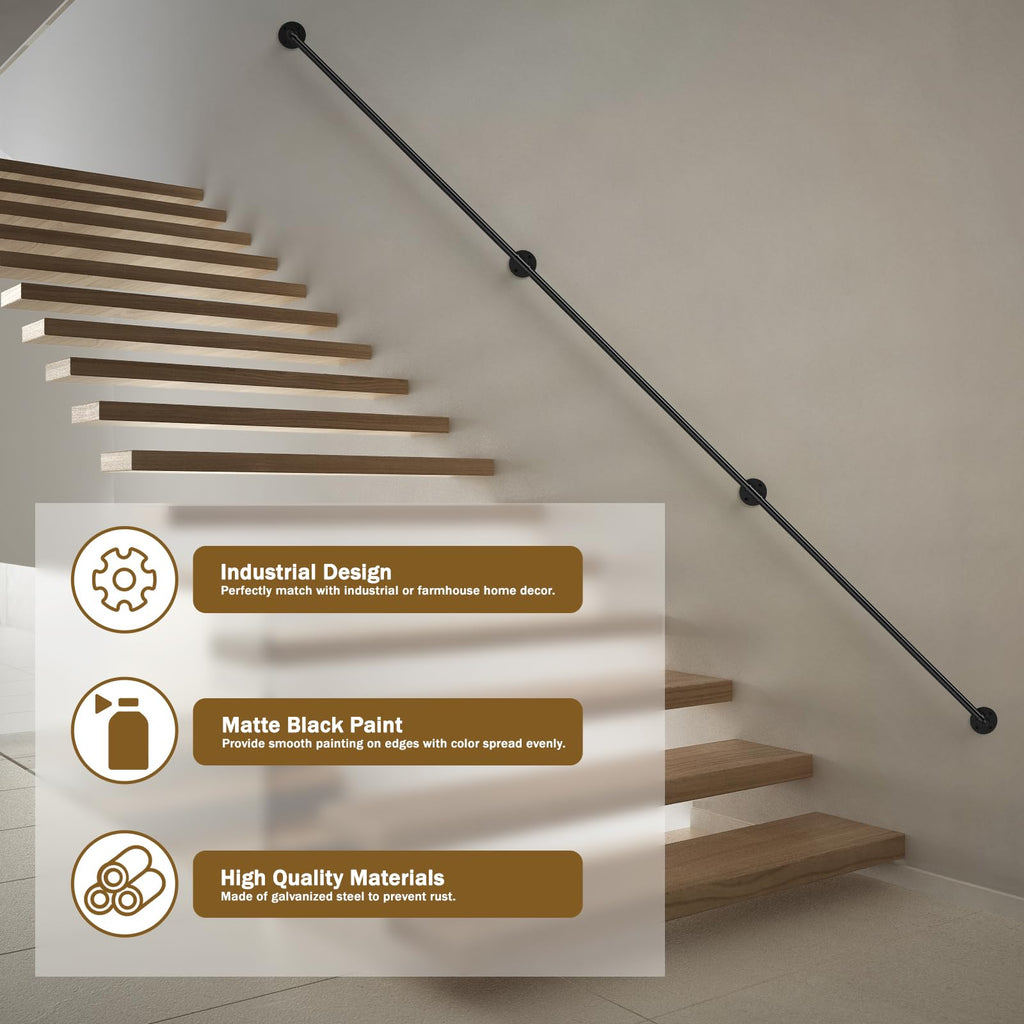 10FT Stair Handrail 440LB Wall-Mount Metal Rail Indoor Outdoor
