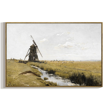 Framed Canvas Wall Art Home Decor, Windmill On The Meadows Vintage Decor, Cottagecore Landscape Farmhouse Painting Big