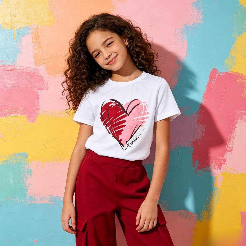 Teen Girls 2 Piece Clothes Short Sleeve Heart Graphic T-Shirt Top + Cargo Pants 2pcs Outfit Set