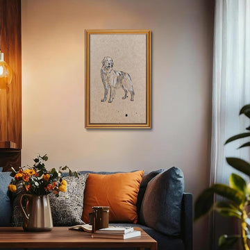 Gold Framed Wall Art Vintage Wall Decor Golden Retriever Canvas Art Dog Pet Pictures Portrait Paintings Sketch