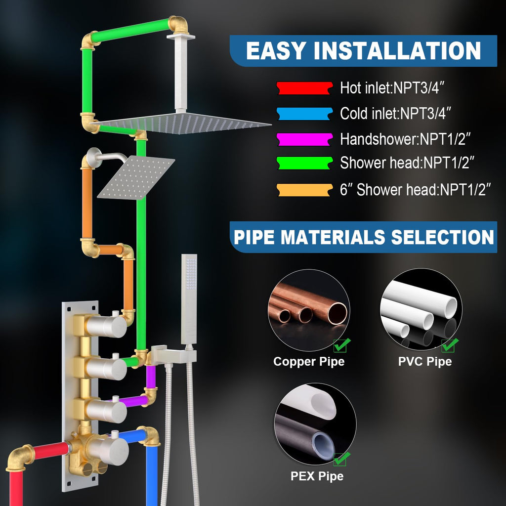 Thermostatic Dual Head Shower System, 16" + 6" Dual Rainfall Shower System (Can All Run Together & Volume Adjustable)