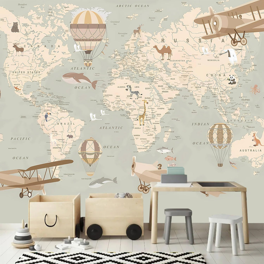 Vintage Animal Wallpaper Cartoon Aircraft Map wall murals for Kids Room 114"x74"(Not Peel and Stick)