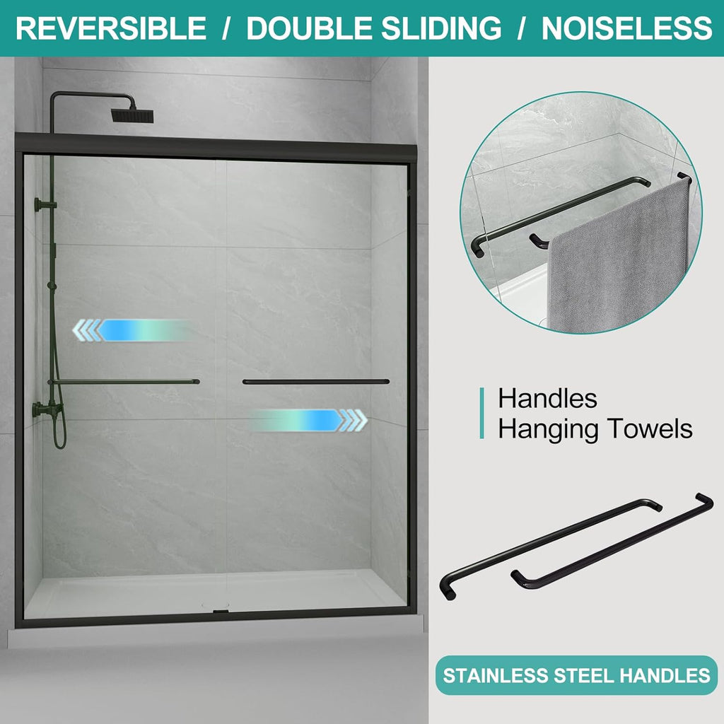 Semi-Frameless Sliding Shower Door W: 60 x H:72 Inches, Bathroom Sliding Door Easy to Install, 1/4 "Clear Glass