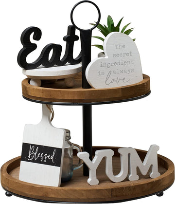 GENMOUS Farmhouse Kitchen Tiered Tray Decor Items Mini Set, Rustic Black and White Kitchen Counter Decor, Two Tiered - Set of 4