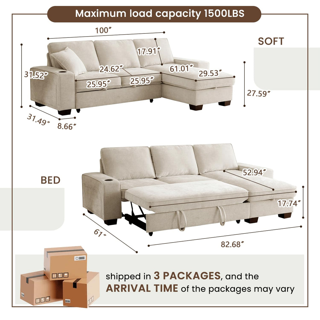 99" Convertible Sleeper Sofa Bed, L Shaped with Storage Chaise Pull Out Couch, USB and Type-C, Removable Washable