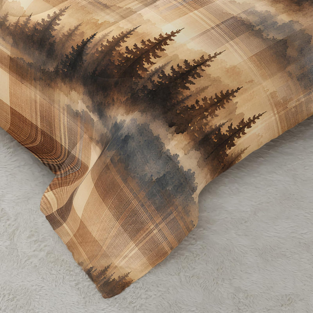 Misty Woodland Brown Comforter Set, Beige Tartan Pine 3-Piece Soft Microfiber Bedding with 2 Pillowcases for