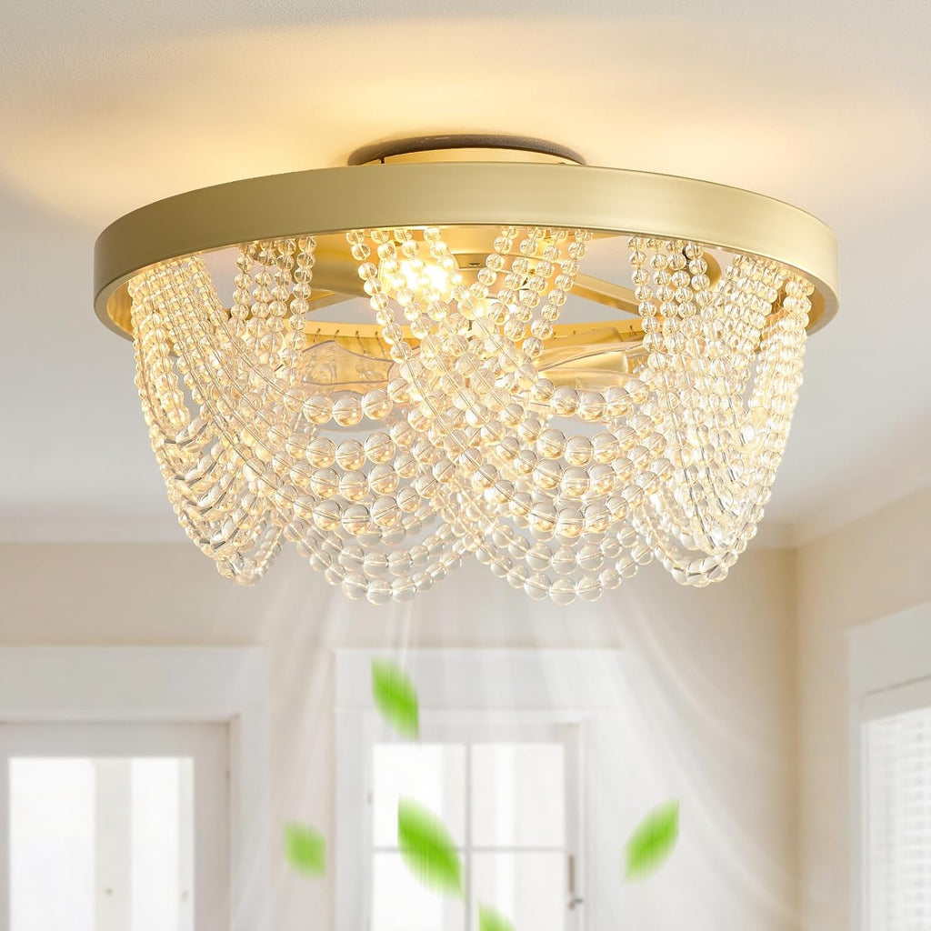 Crystal Caged Ceiling Fans with Lights Flush Mount, 20 inch Crystal Fandelier Ceiling Fan with Light and Remote