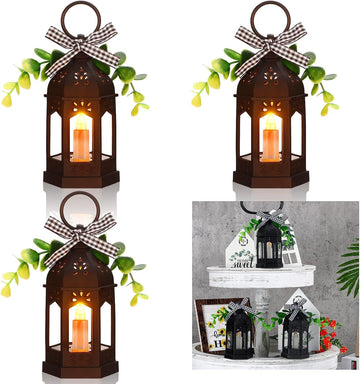 Farmhouse Mini Lanterns for Centerpieces Tiered Tray Decor, Black - Set of 3