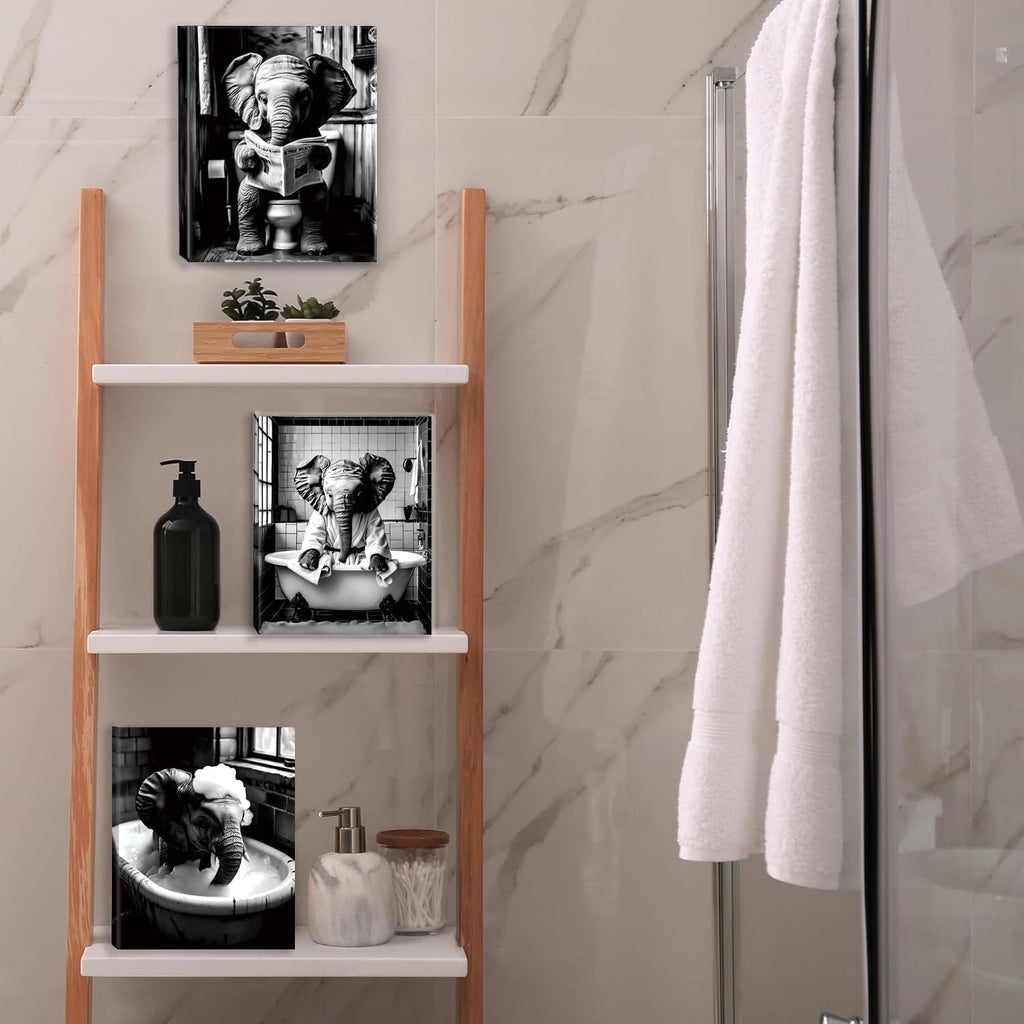 Framed Bathroom Decor Wall Art, Funny Black and White Elephant Wall Art