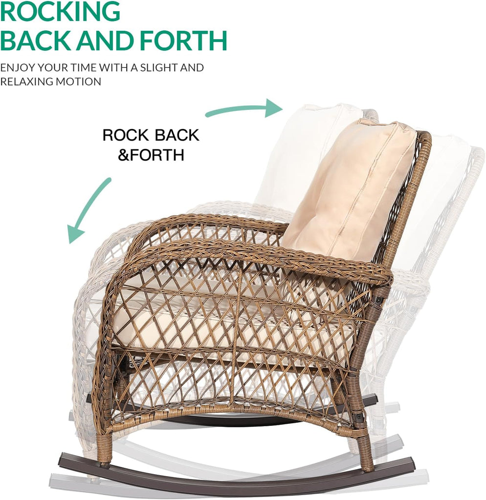 Outdoor Wicker Rocking Chair, Patio Rattan Rocker Chair with Cushions & Steel Frame, All-Weather Rocking Lawn Wicker