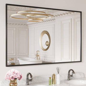 40"X30" Black Rectangle Bathroom Mirror Wall, Matte Black Aluminum Alloy Frame, Tempered Glass, Hangs Vertically or
