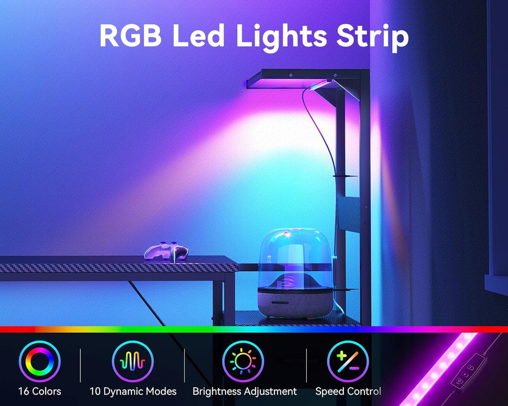 48'' Gaming Desk with LED Lights & CPU Stand, Reversible Computer Desk with Storage Shelves & Fabric Drawer, Modern