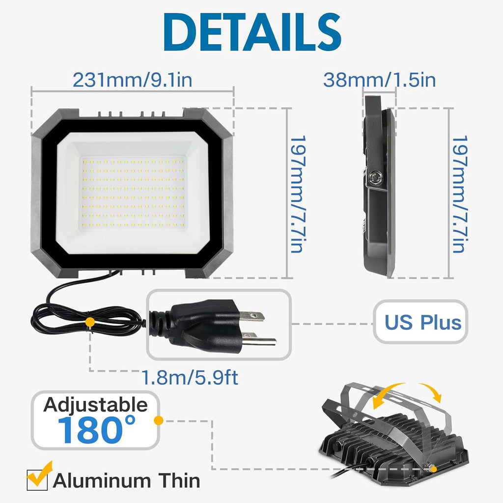 2 Pack LED Flood Lights Outdoor, 100W 10000LM Super Bright Floodlight Outside Work Light with 5.9FT Plug, IP65